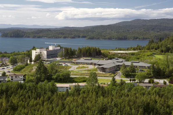 aerial view of the prince rupert hosptial and surround trees and ocean