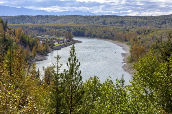 view overlooking river and town