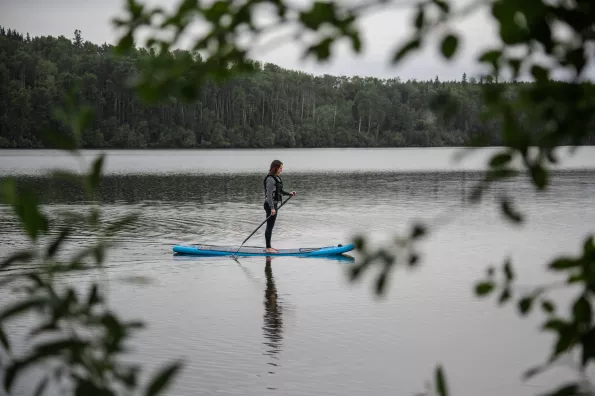 view through tree branches of a person paddle boarding on a lake.