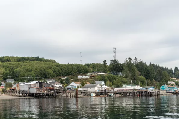 View of buildings in Alert Bay along the ocean with trees behind.